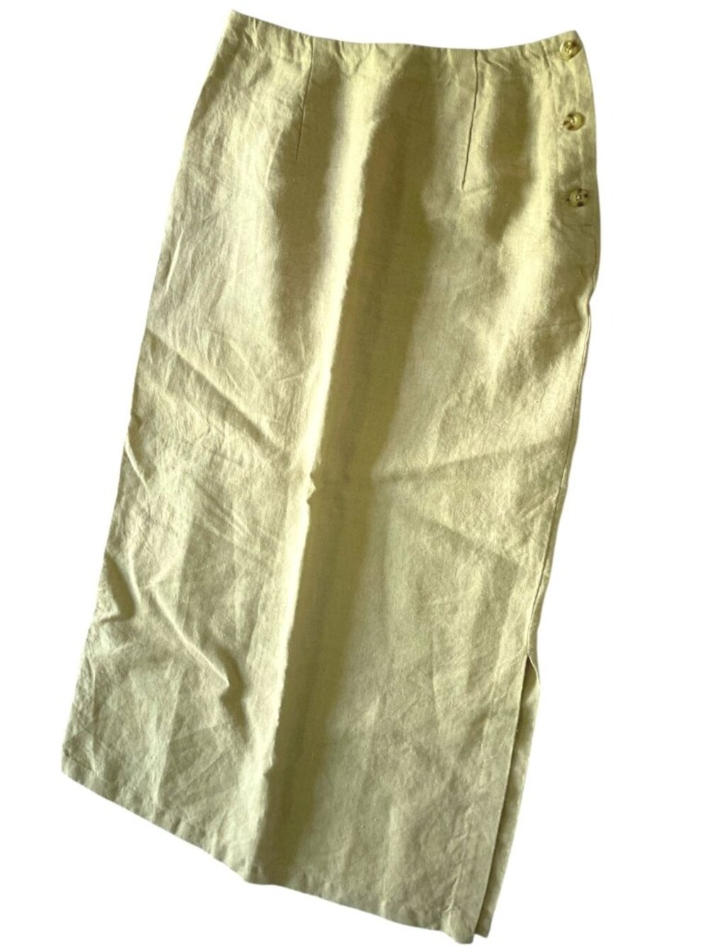 VTG 90s Eddie Bauer 100% Linen Maxi Skirt 6–  Beige Chartreuse Button Detail Sid